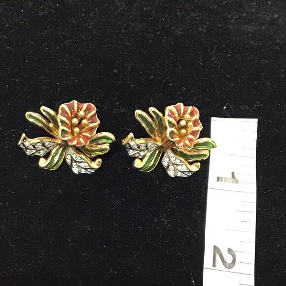 Joan Rivers Vintage Plique A Jour Orchid Brooch And Matching Pierced Earring Set - Picture 5 of 16